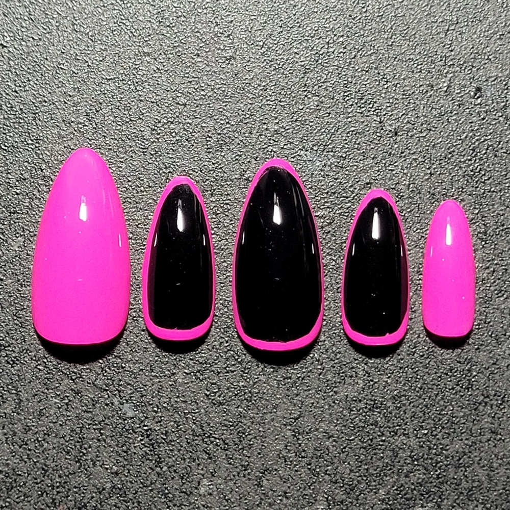 Custom Gel Press on Nails fake nails handmade 10pc set Neon Pink Black